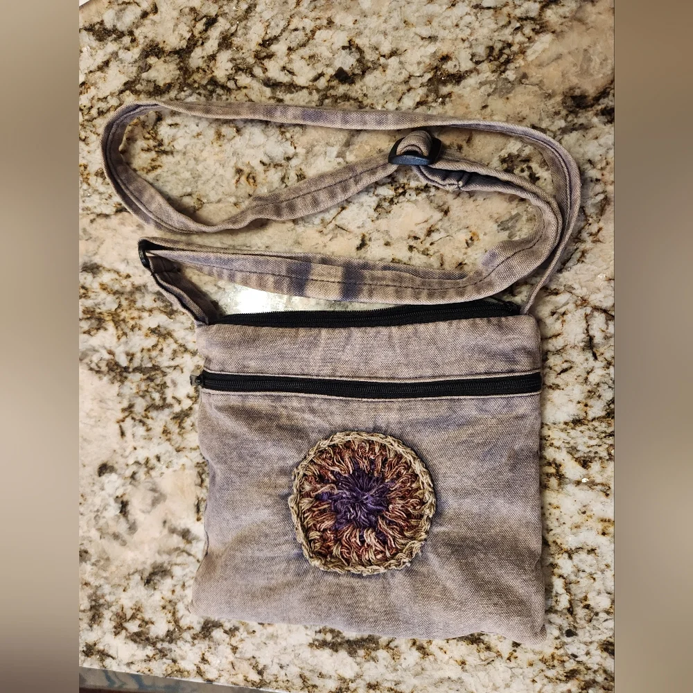 Blue Sky Boho Crossbody Purse, Cotton, Made In Nepal, White Washed Denim EUC